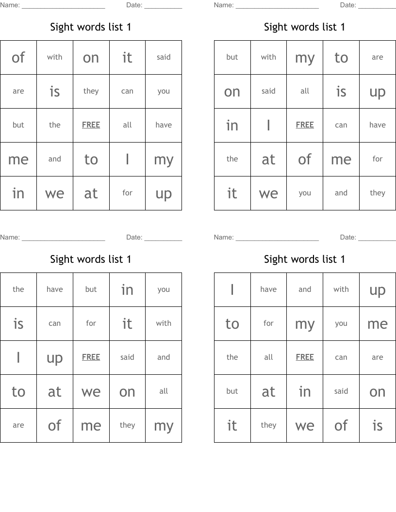 Sight words list 1 Bingo Cards
