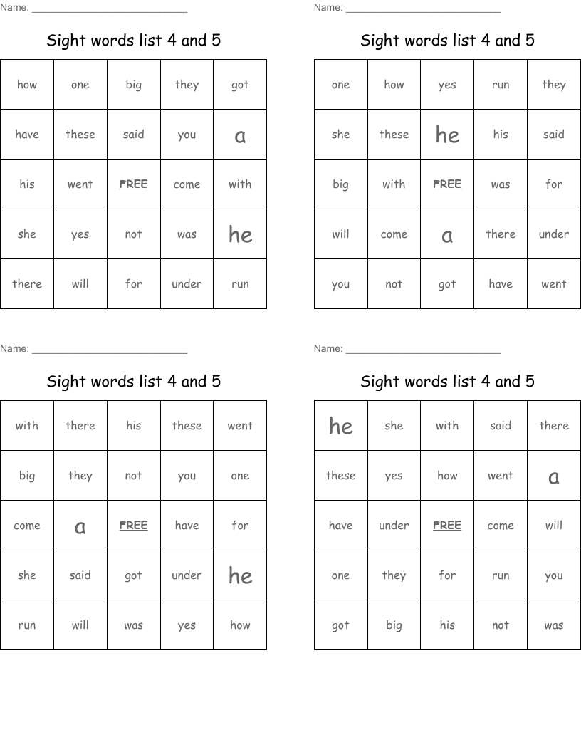 Sight words list 4 and 5 Bingo Cards