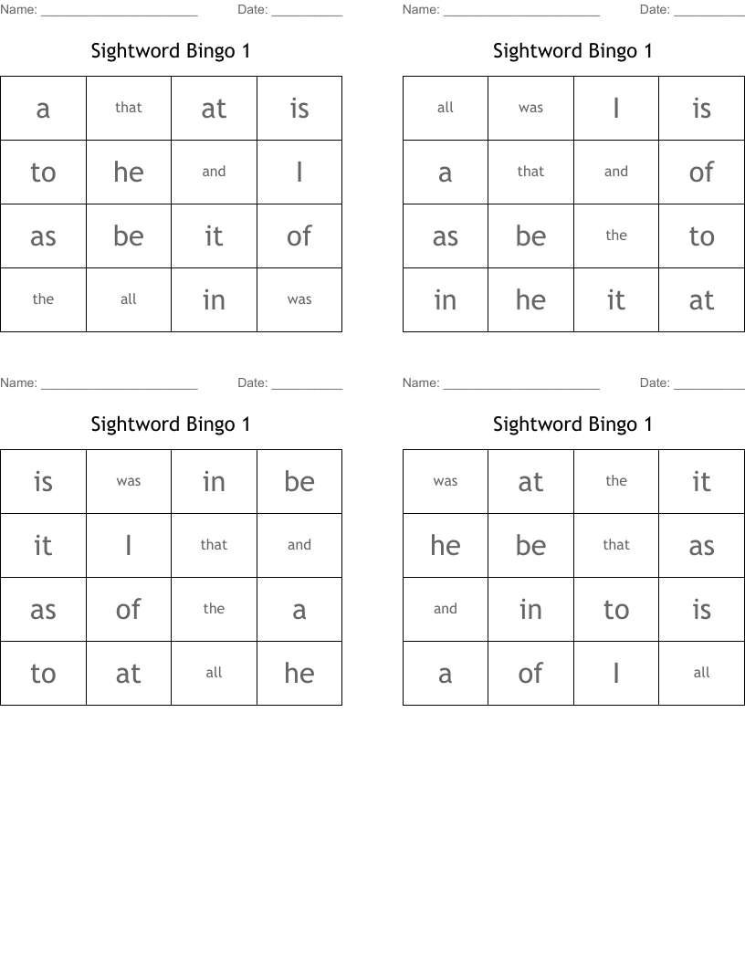 Sightword Bingo 1