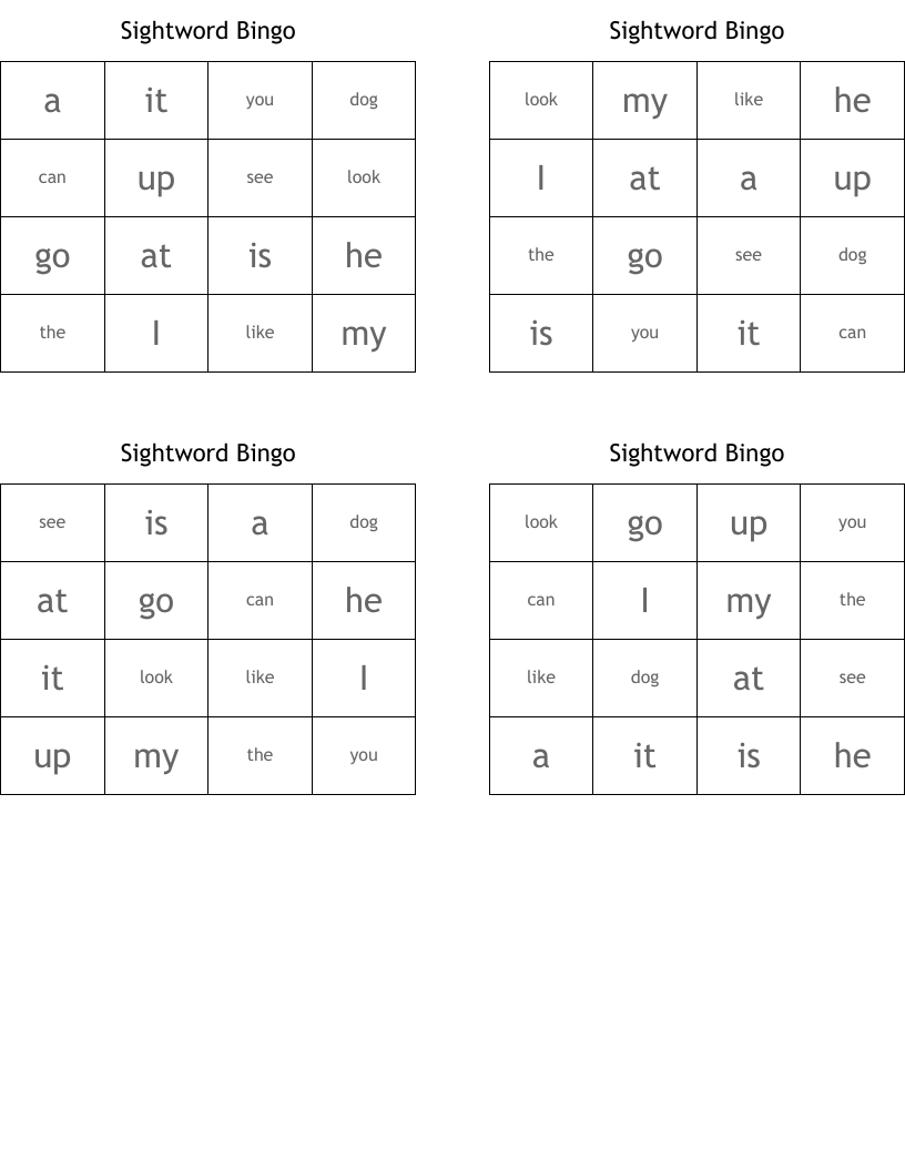 Sightword Bingo
