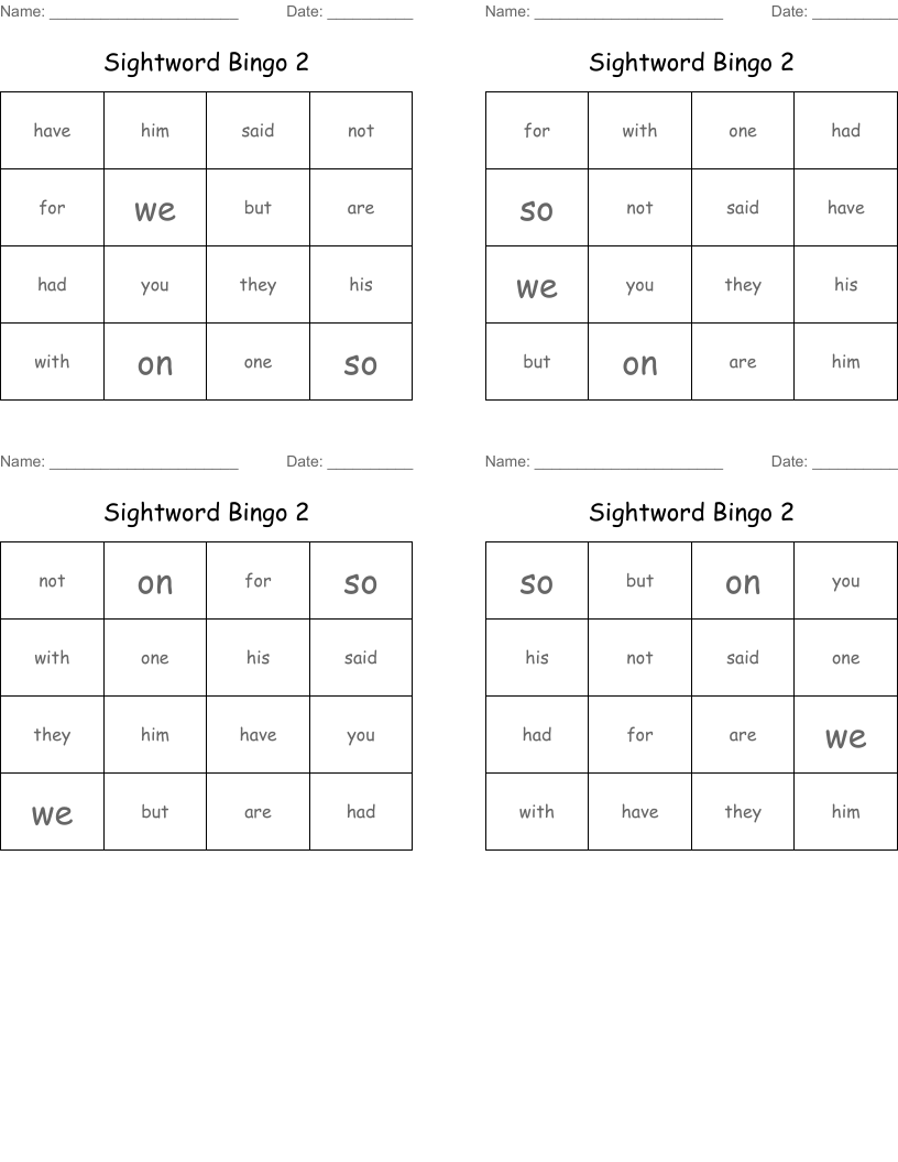 Sightword Bingo 2
