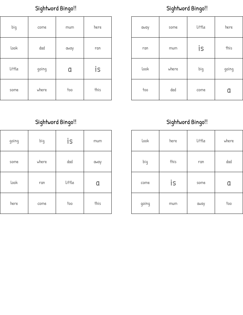 Sightword Bingo!!