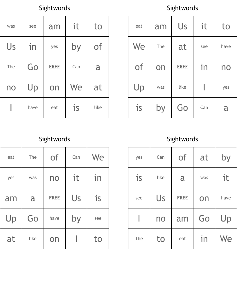 Sightwords Bingo Cards