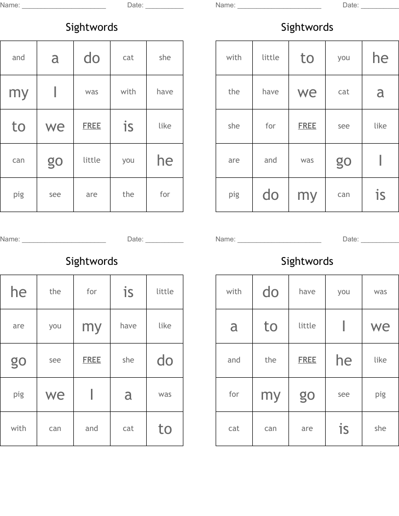 Sightwords Bingo Cards