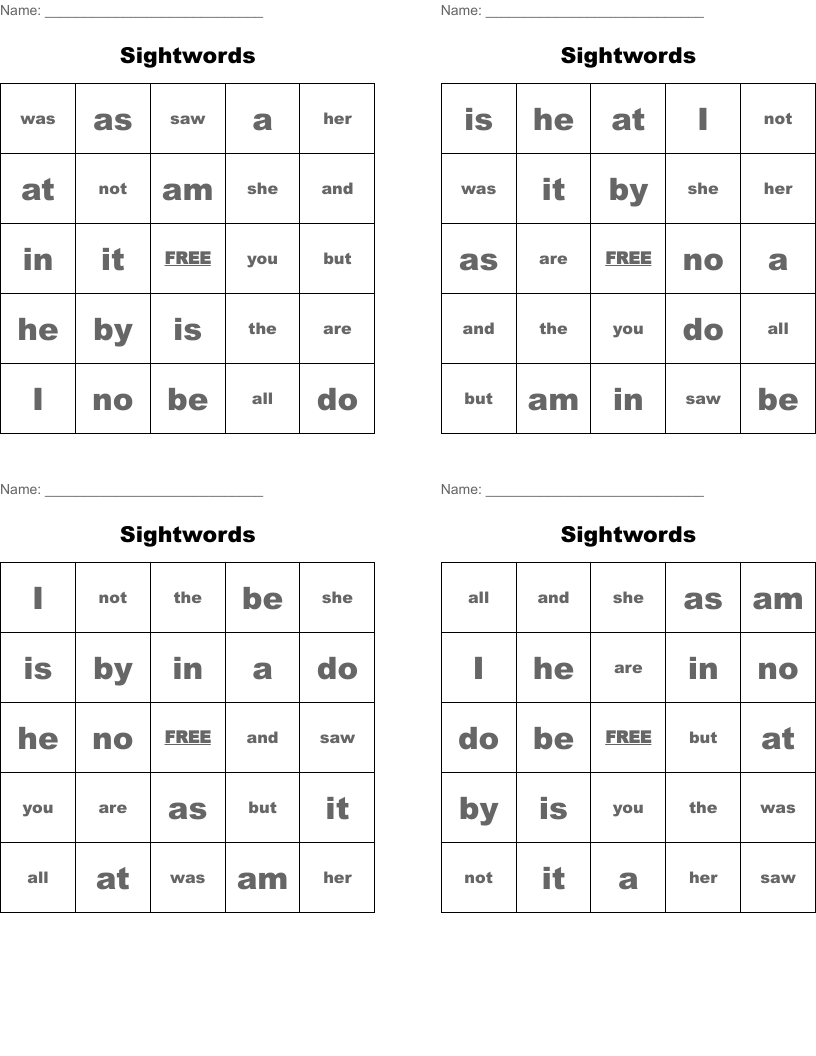 Sightwords  Bingo Cards