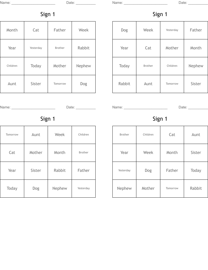 Sign 1 Bingo Cards