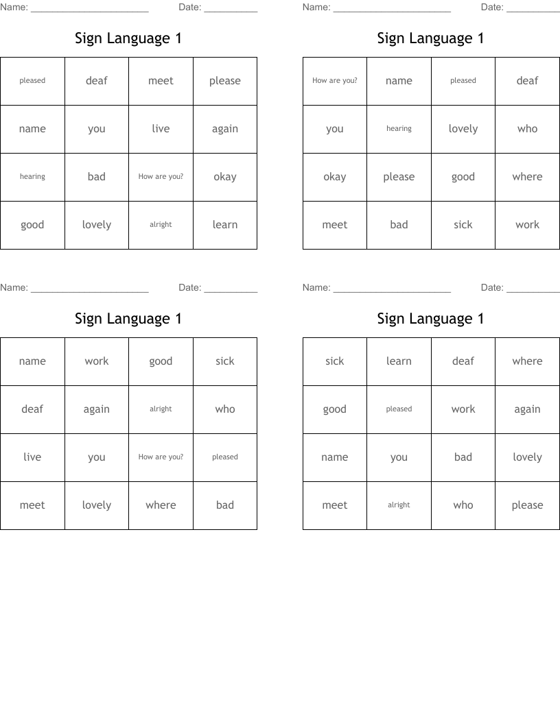 Sign Language 1 Bingo Cards