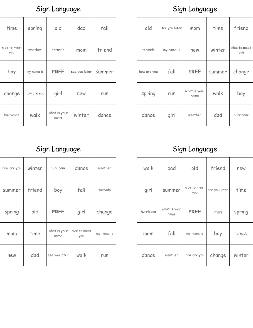 Sign Language Bingo Cards