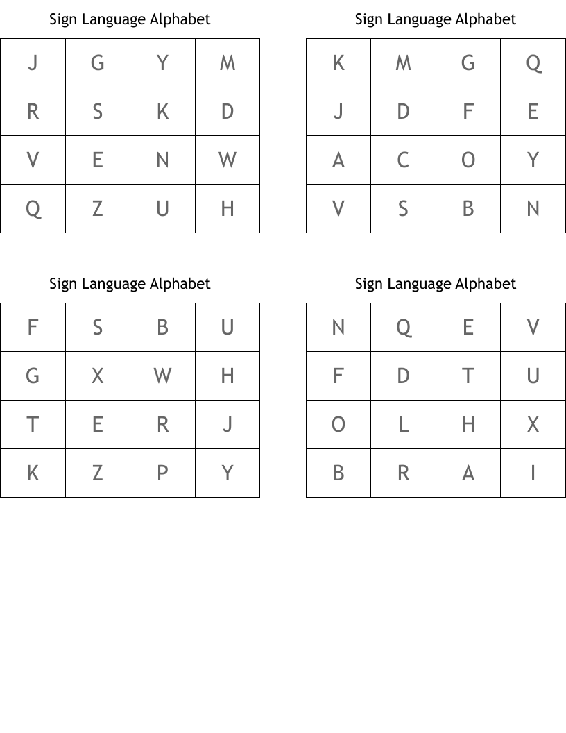 Sign Language Alphabet Bingo Cards