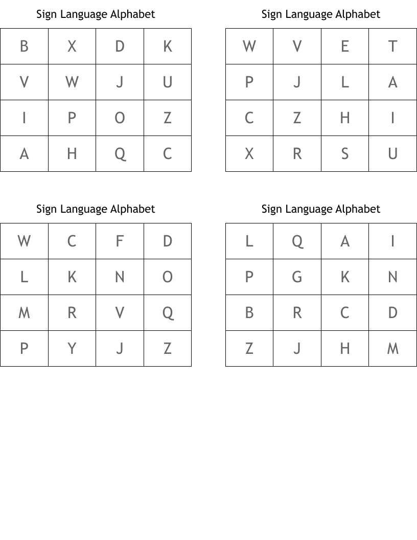 Sign Language Alphabet Bingo Cards