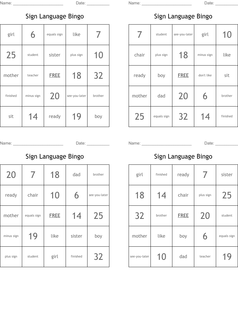 Sign Language Bingo