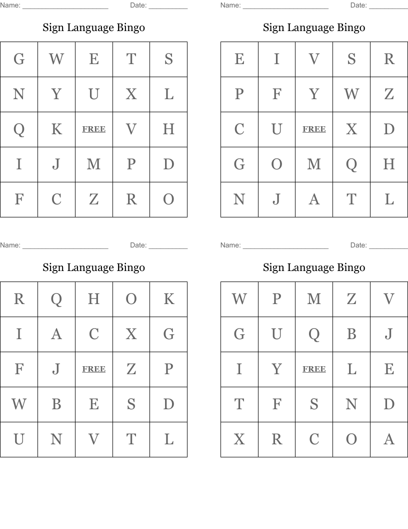 Sign Language Bingo