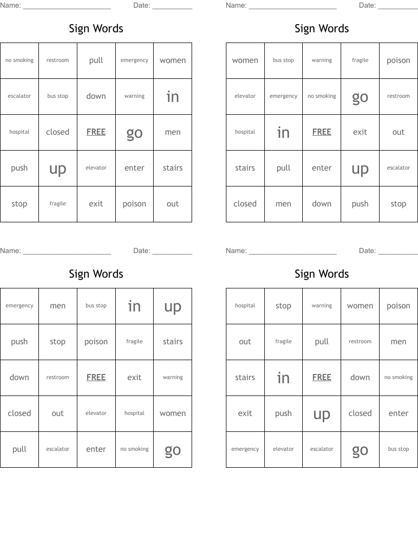 Sign Words Bingo Cards