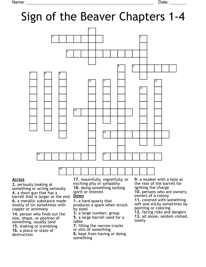 Sign of the Beaver Chapters 1-4 Crossword