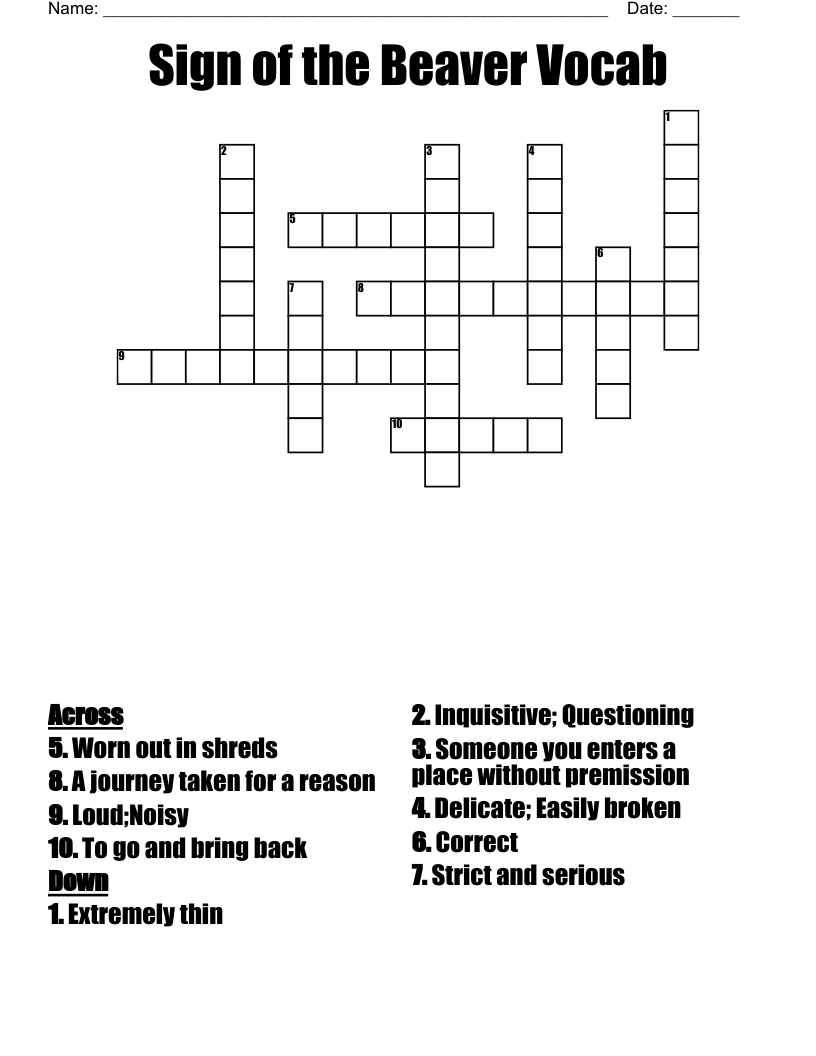 Sign of the Beaver Vocab Crossword