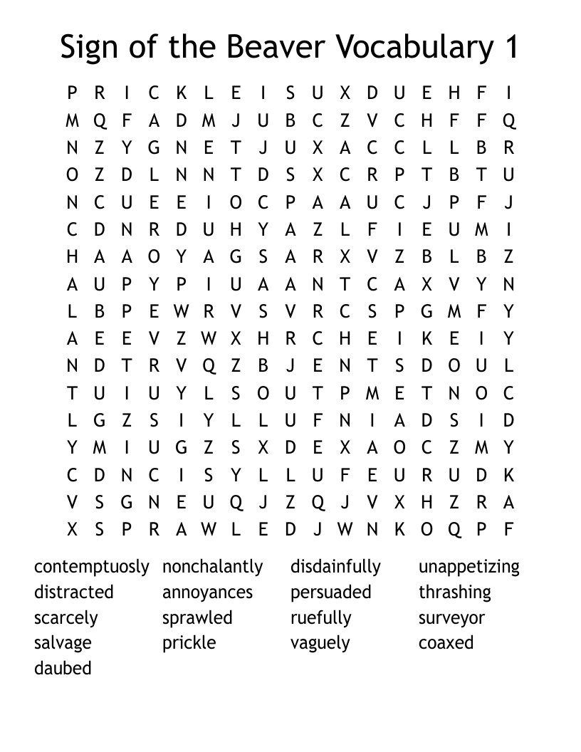 Sign of the Beaver Vocabulary 1 Word Search