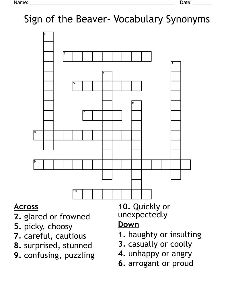 Sign of the Beaver- Vocabulary Synonyms Crossword