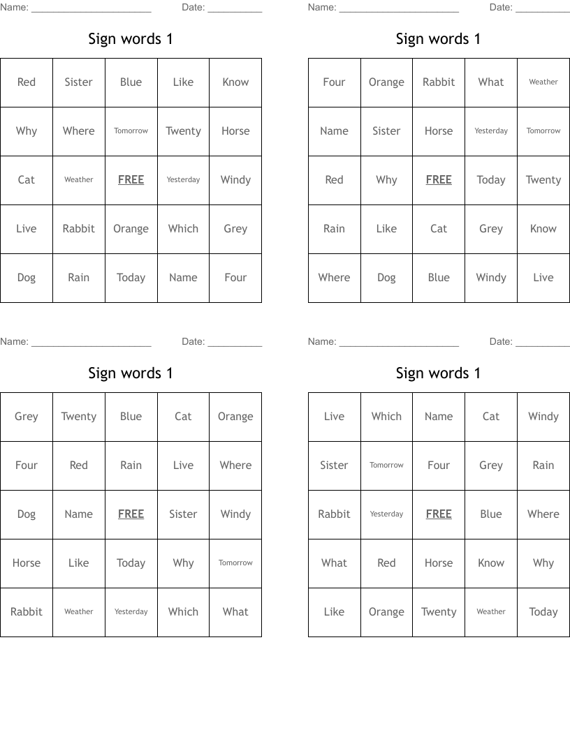 Sign words 1 Bingo Cards