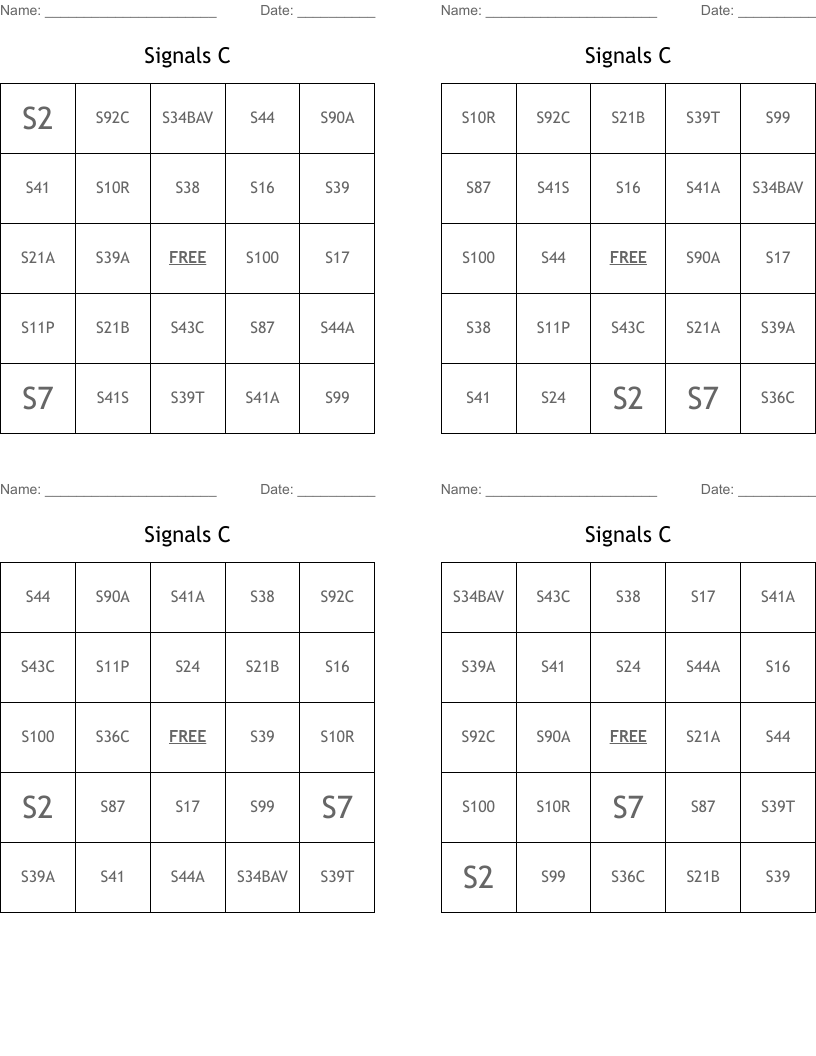 Signals C Bingo Cards