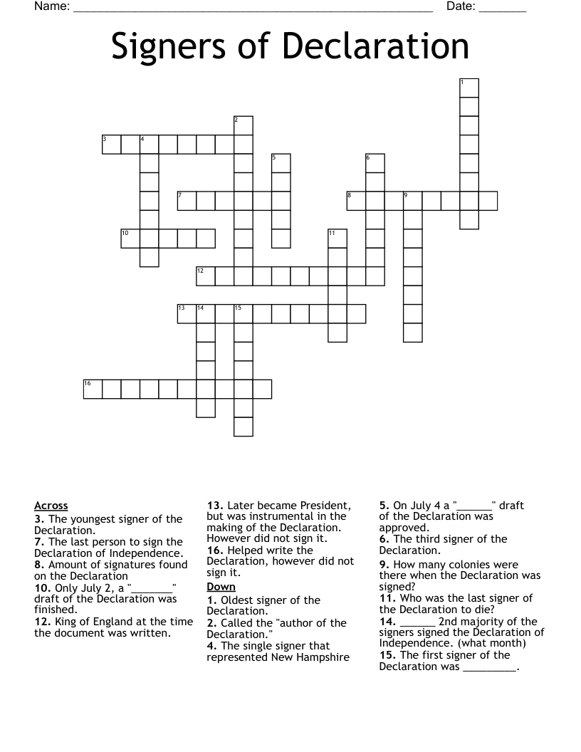 Signers of Declaration Crossword