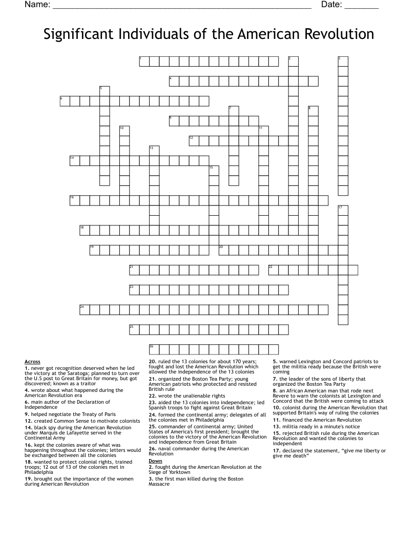 Significant Individuals of the American Revolution Crossword