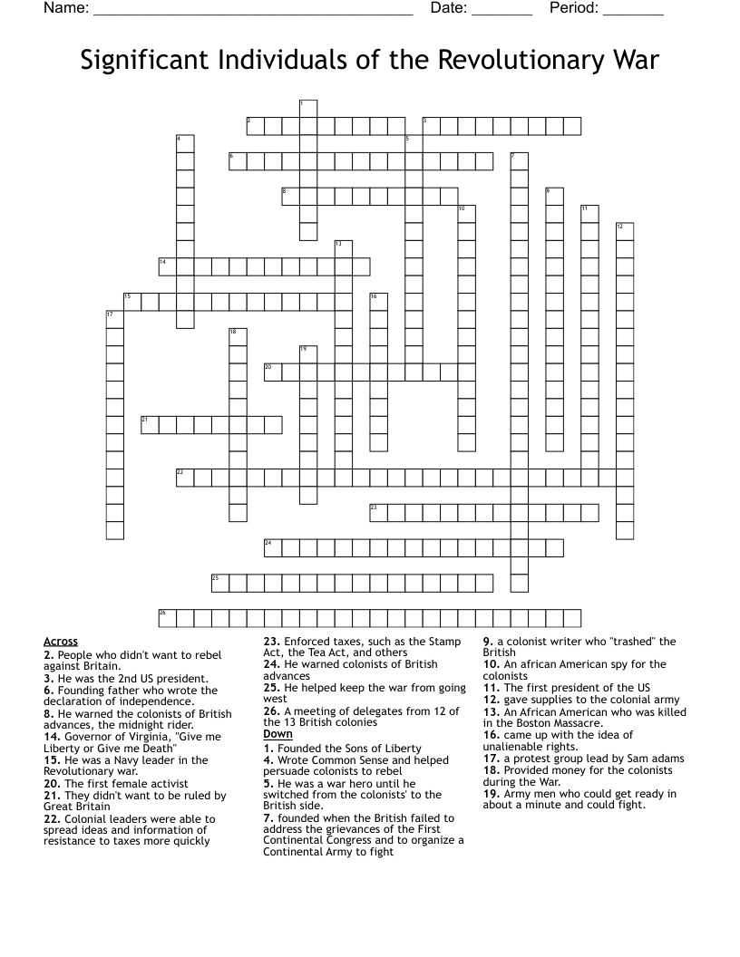 Significant Individuals of the Revolutionary War  Crossword