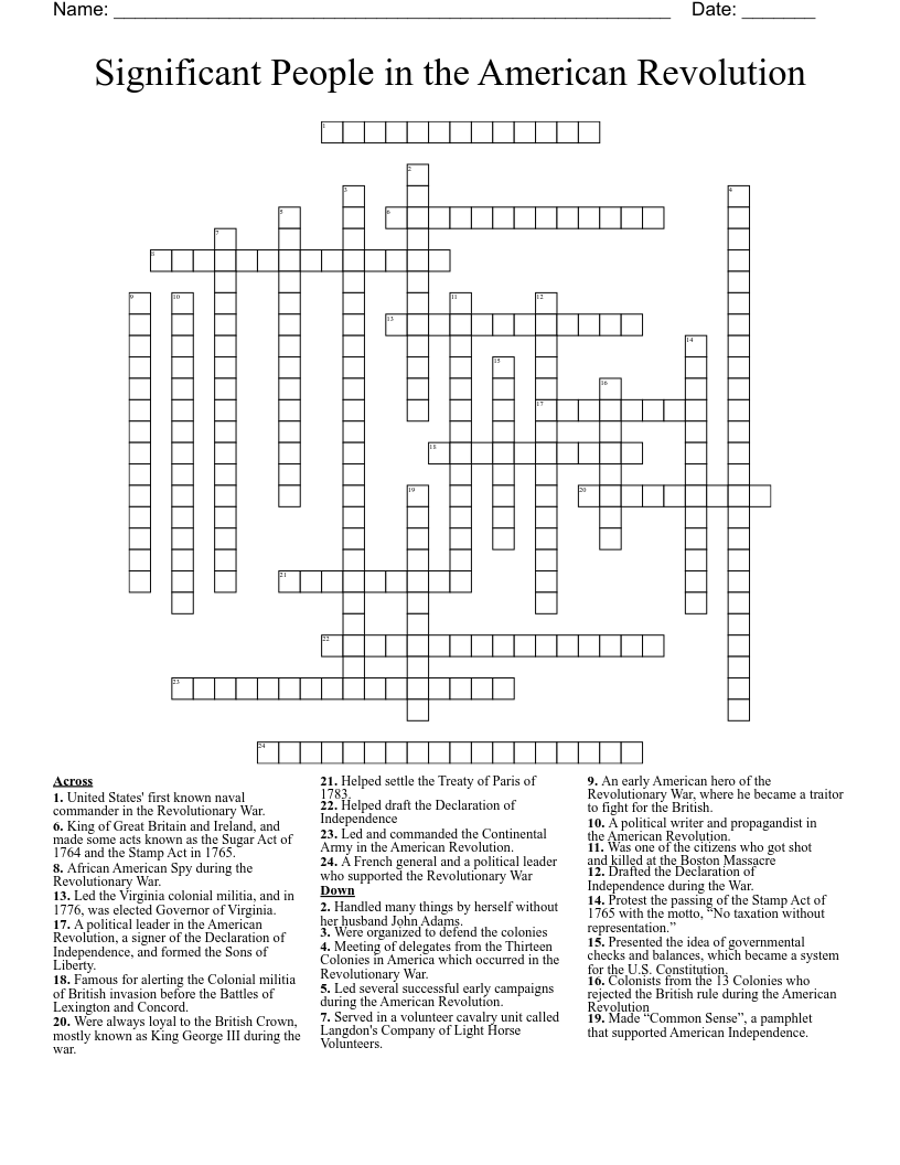 Significant People in the American Revolution Crossword