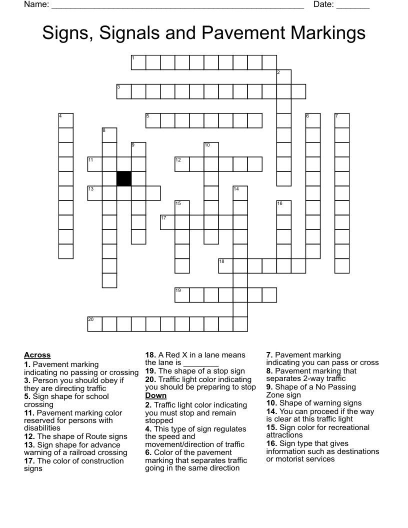 Signs, Signals and Pavement Markings Crossword