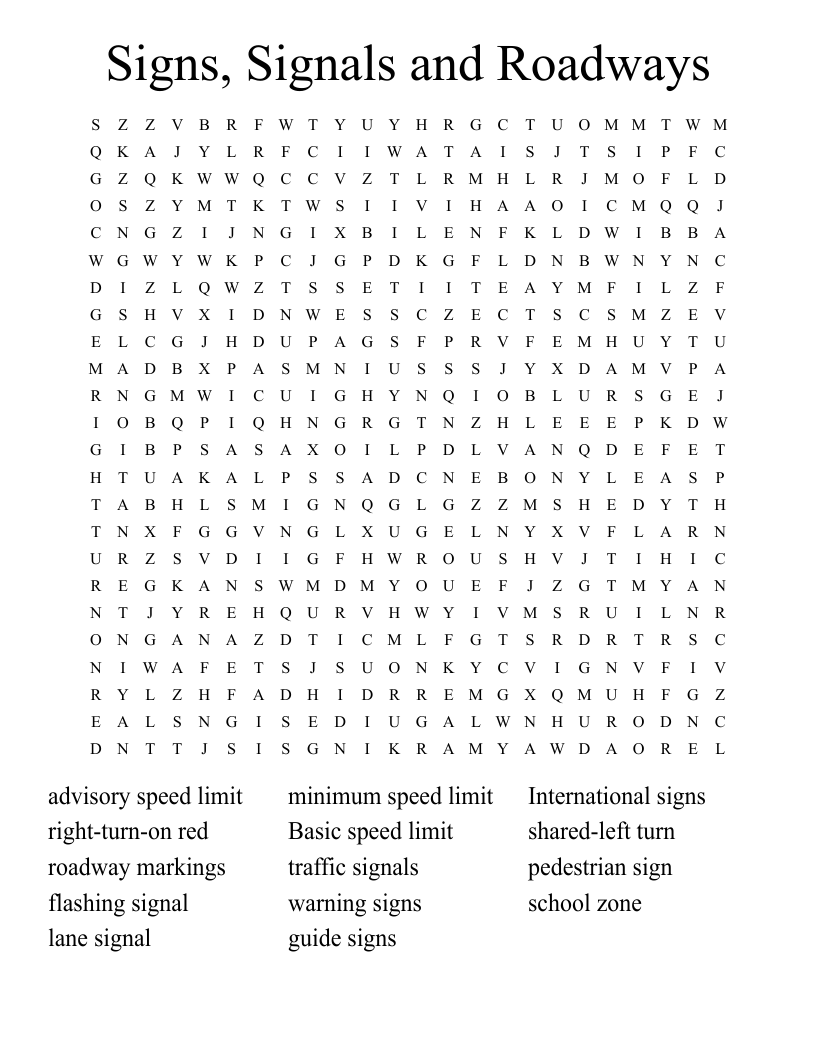 Signs, Signals and Roadways  Word Search