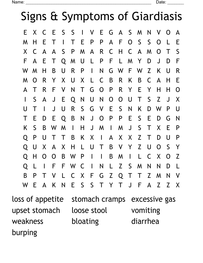 Signs & Symptoms of Giardiasis Word Search