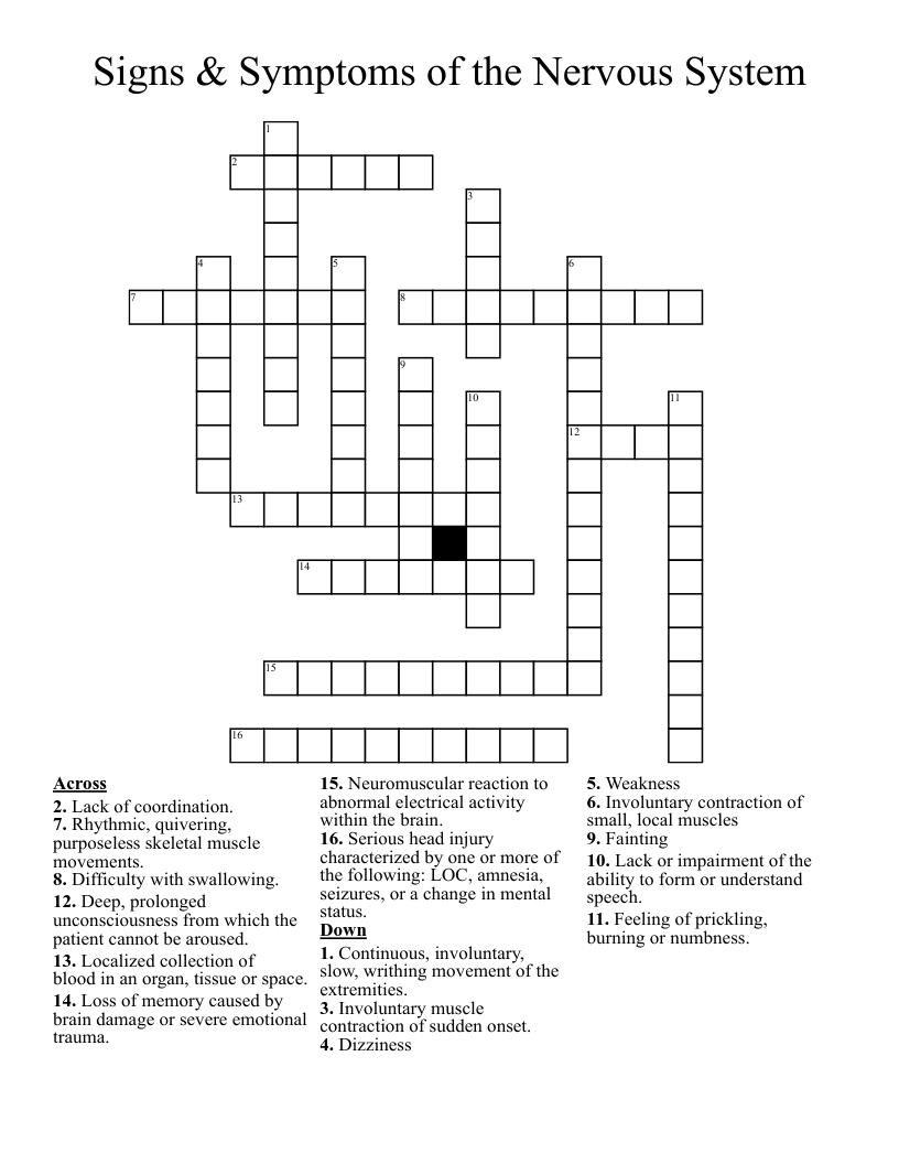 Signs & Symptoms of the Nervous System Crossword