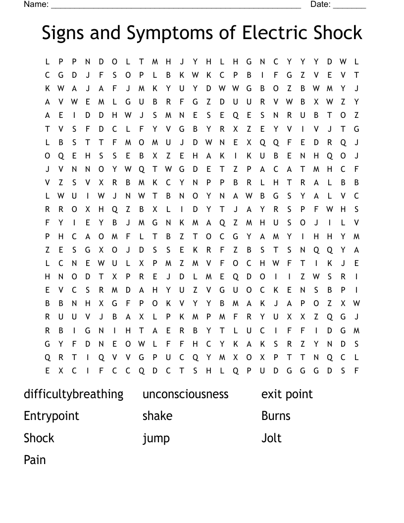 Signs and Symptoms of Electric Shock Word Search
