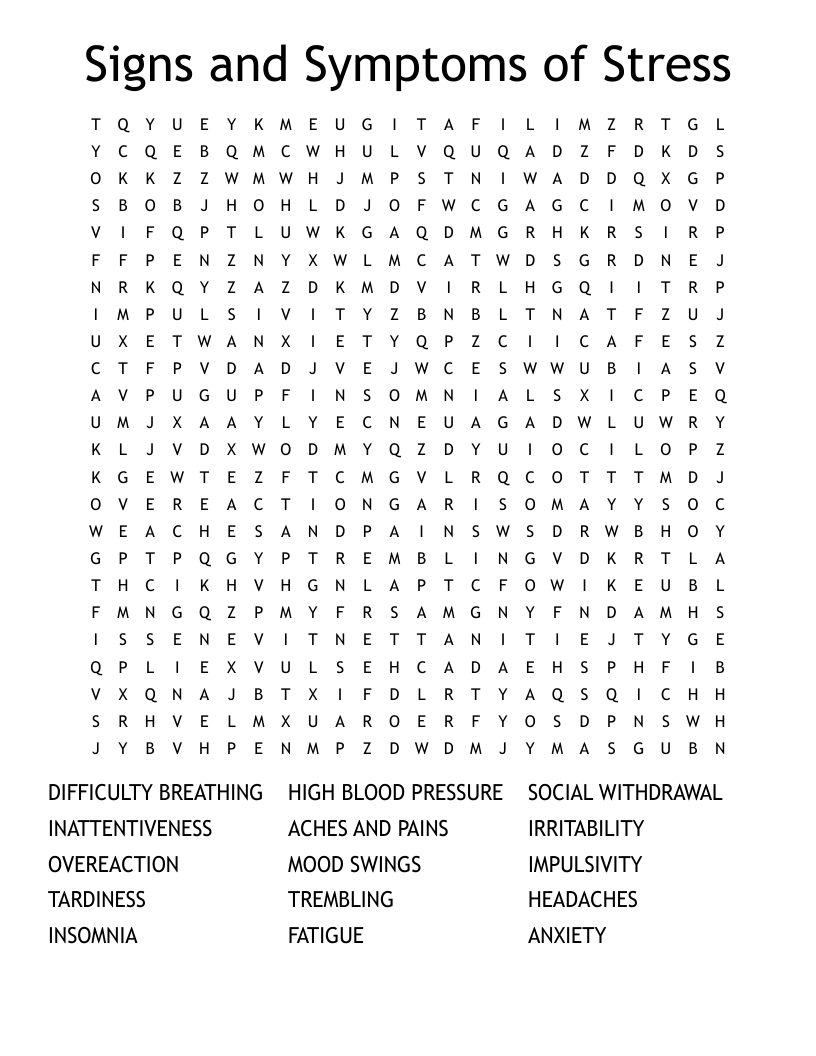 Signs and Symptoms of Stress Word Search