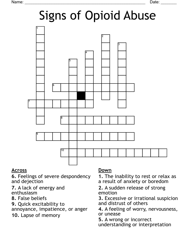 Signs of Opioid Abuse Crossword
