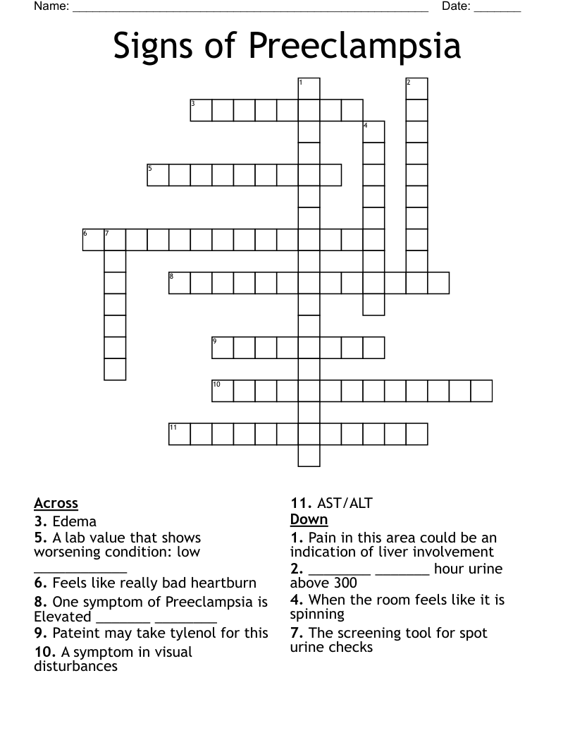 Signs of Preeclampsia Crossword