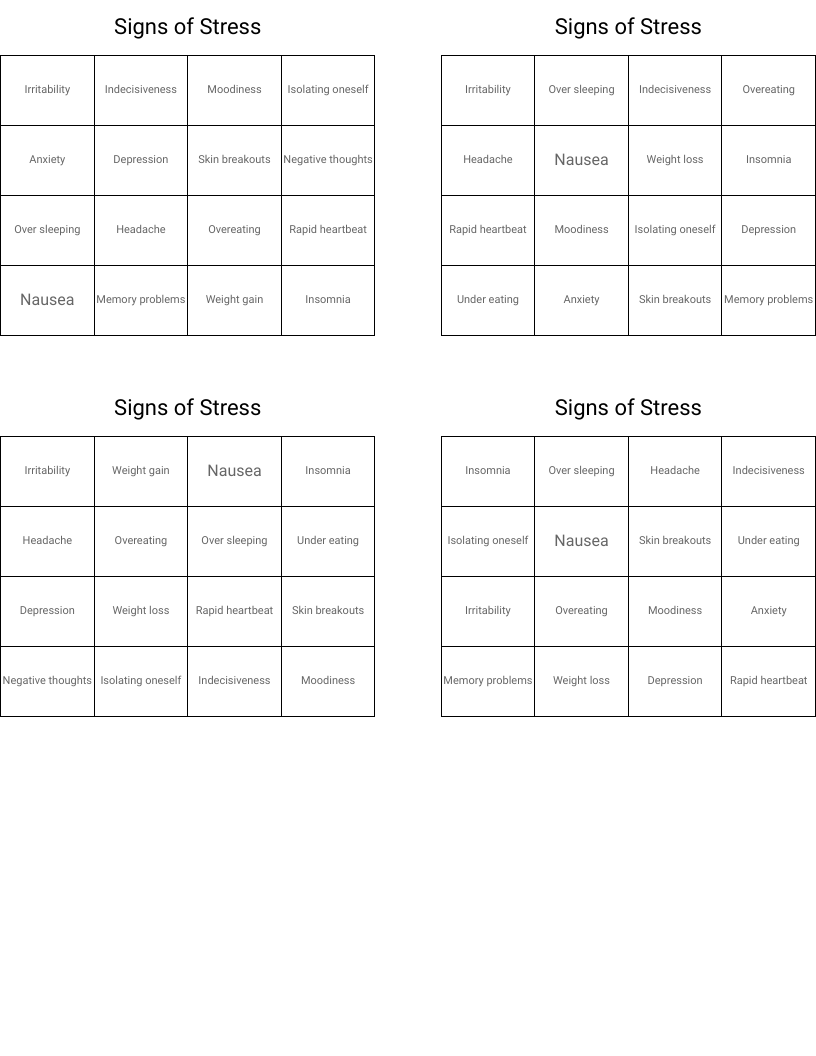 Signs of Stress Bingo Cards