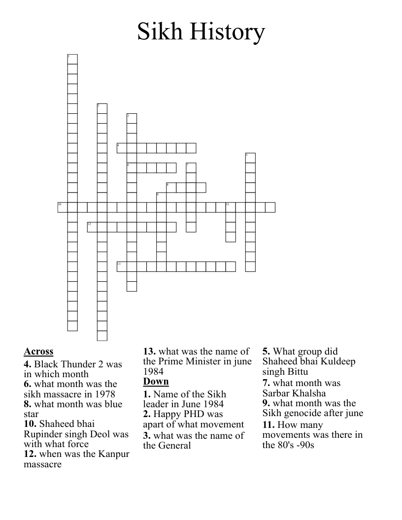 Sikh History Crossword