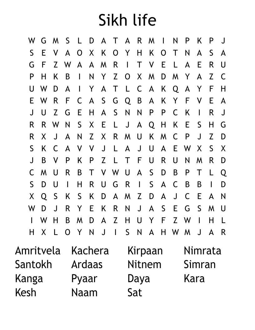 Sikh life Word Search