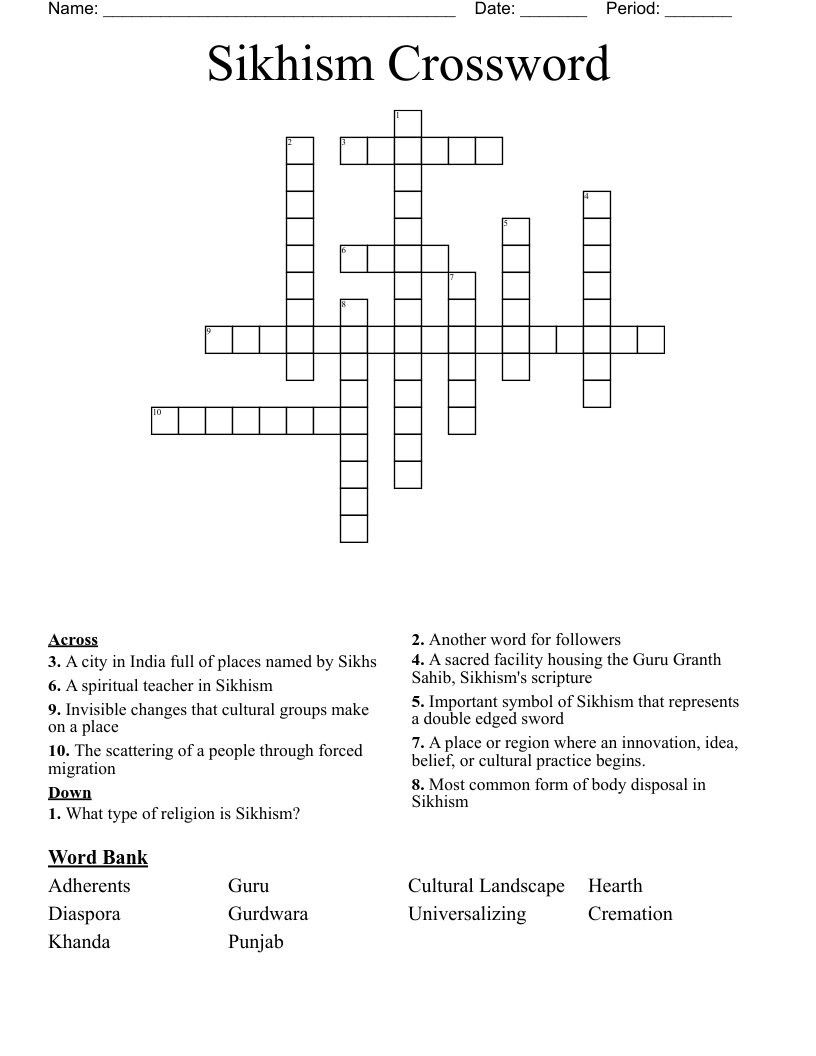Sikhism Crossword