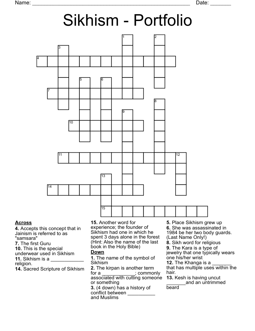 Sikhism - Portfolio Crossword