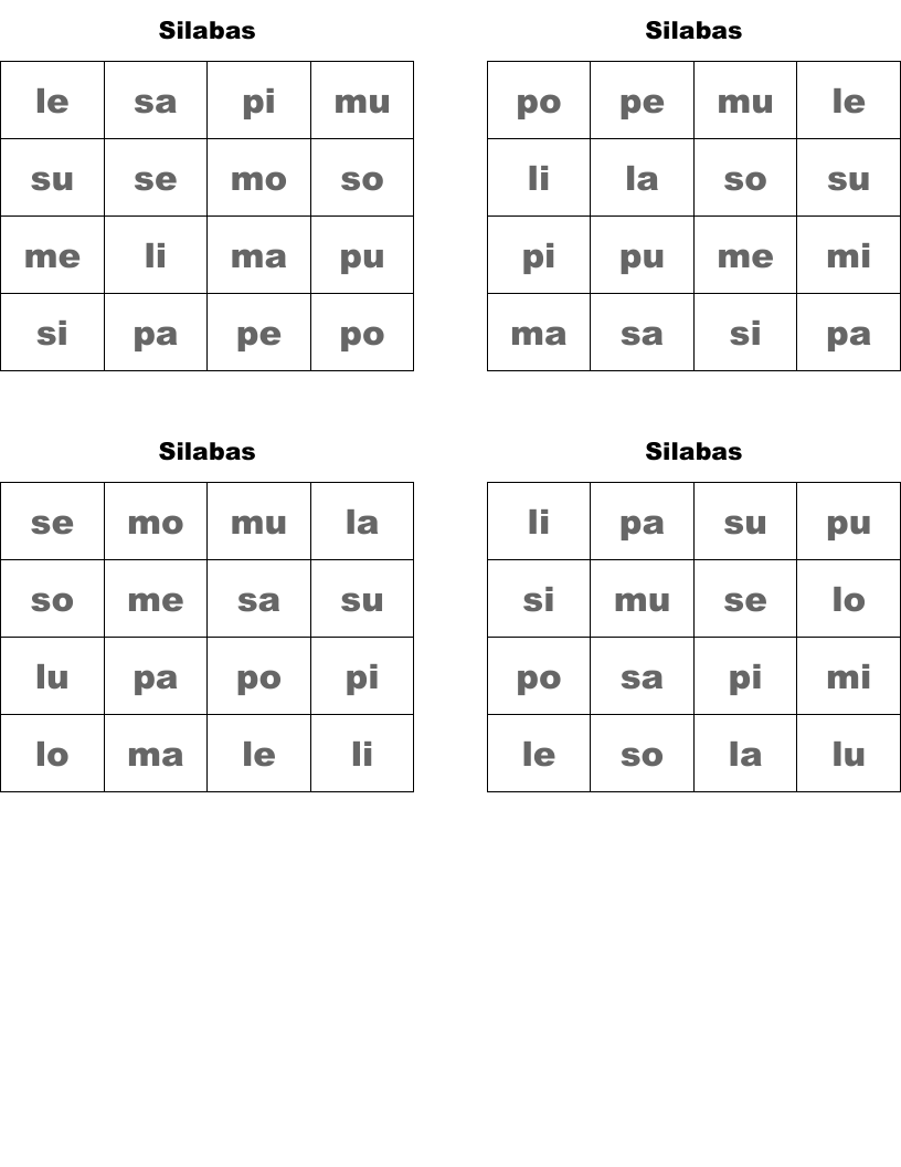 Silabas Bingo Cards