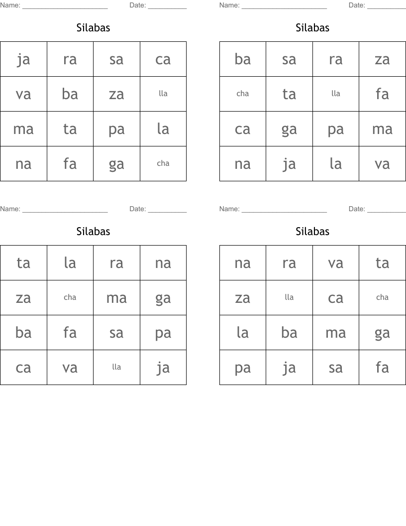 Silabas Bingo Cards
