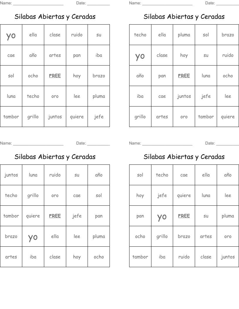 Silabas Abiertas y Ceradas Bingo Cards