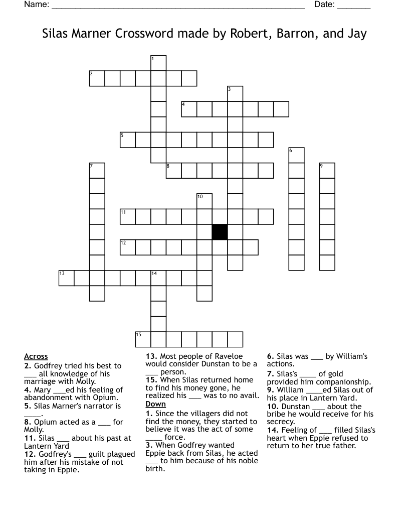 Silas Marner Crossword made by Robert, Barron, and Jay