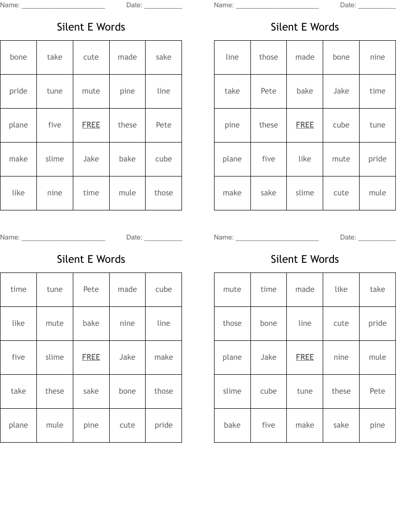 Silent E Words Bingo Cards