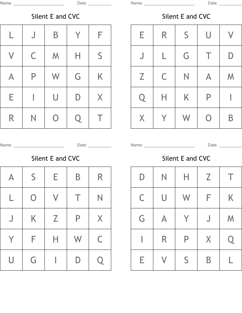 Silent E and CVC Bingo Cards