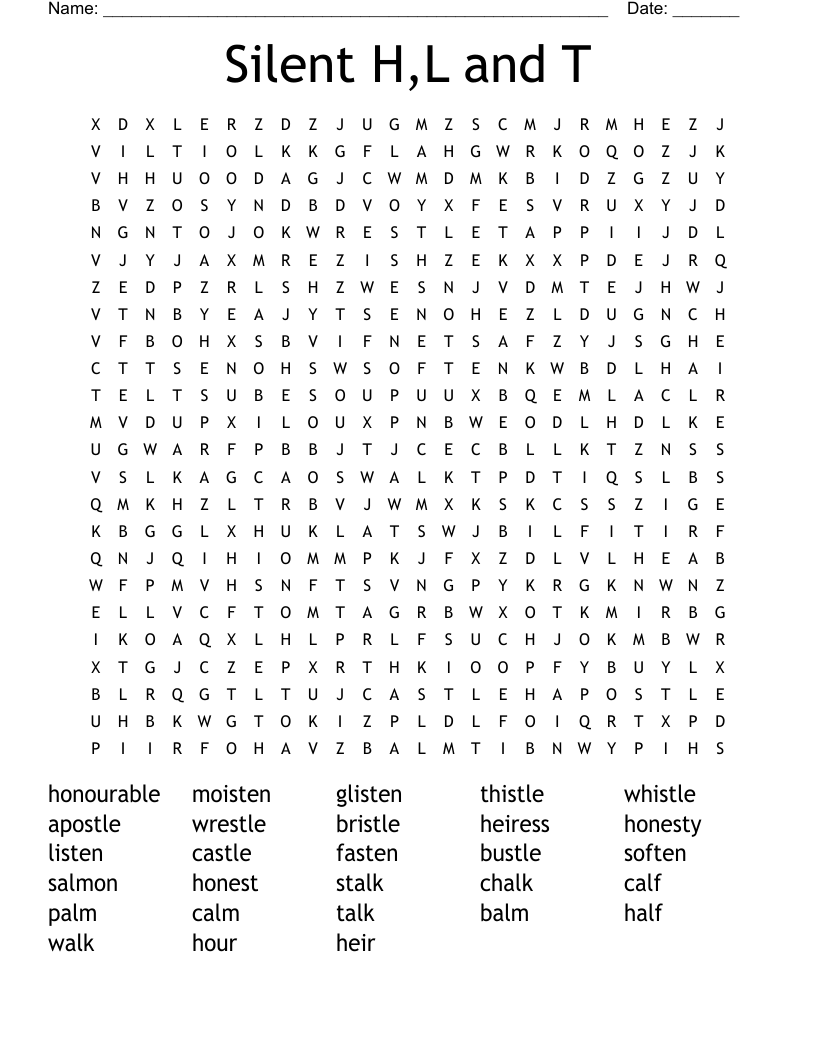Silent H,L and T Word Search