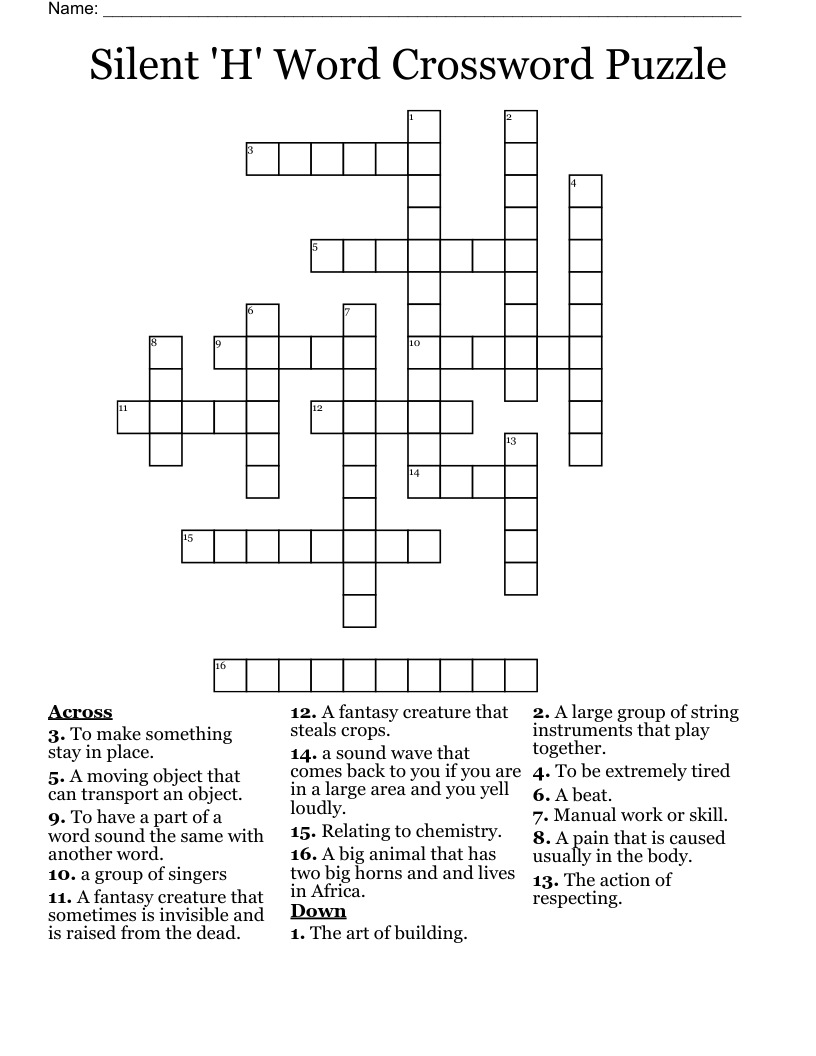 Silent 'H' Word Crossword Puzzle 