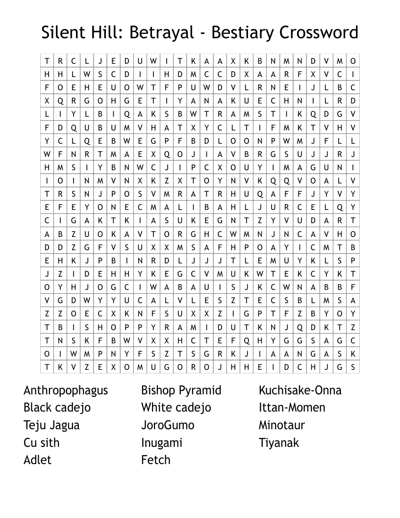 Silent Hill: Betrayal - Bestiary Crossword Word Search