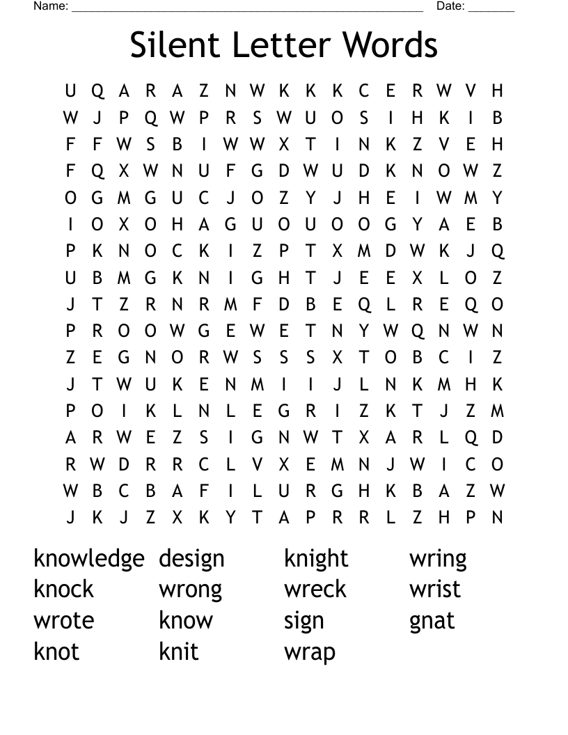 Silent Letter Words Word Search